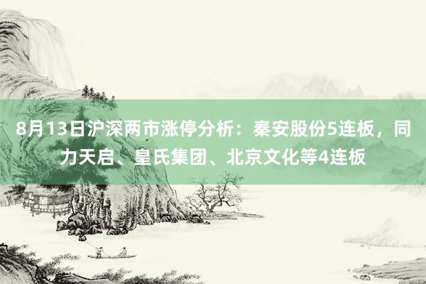 8月13日沪深两市涨停分析：秦安股份5连板，同力天启、皇氏集团、北京文化等4连板
